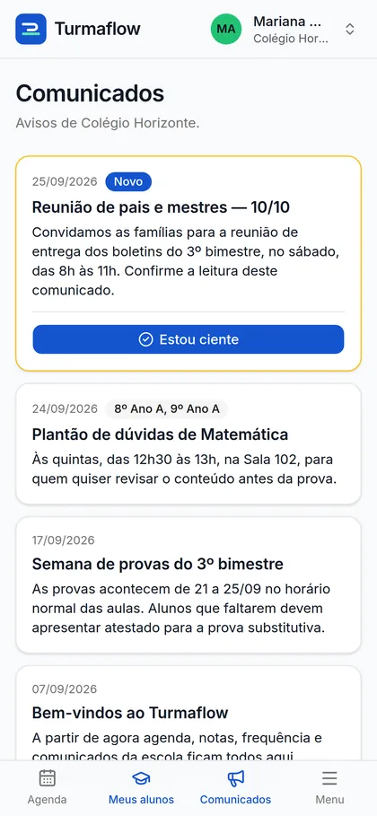Comunicado da reunião de pais com botão Estou ciente