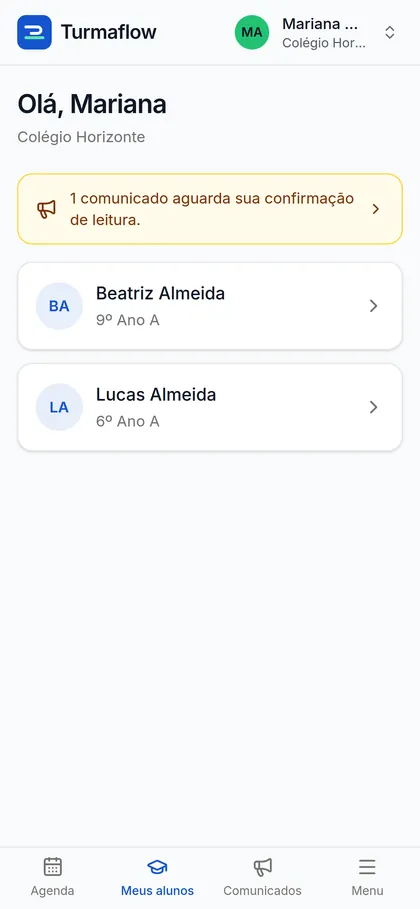 Portal da responsável com os dois filhos